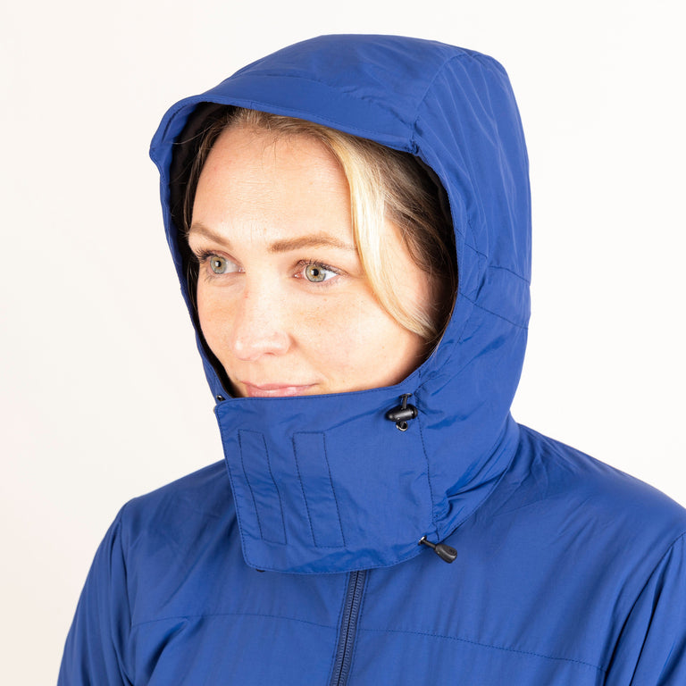 Alpkit women's Jura Mountain Smock weatherproof jacket in nemo blue hood