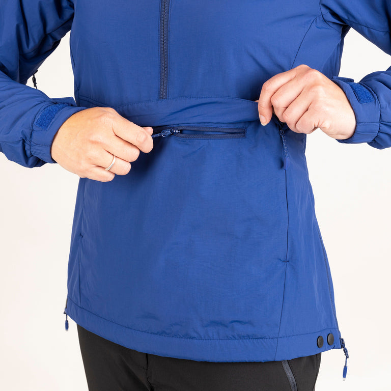 Alpkit women's Jura Mountain Smock weatherproof jacket in nemo blue kangaroo pocket