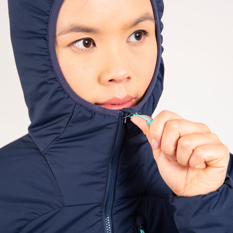 alpkit womens katabatic primaloft insulated jacket in outer space blue hood