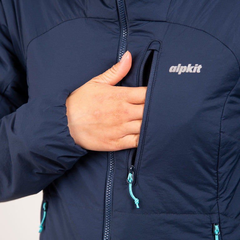 alpkit womens katabatic primaloft insulated jacket in outer space blue chest pocket