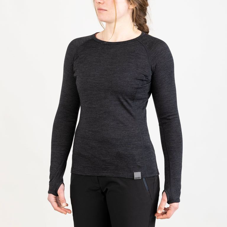 alpkit womens kepler merino long sleeve base layer in charcoal grey front|rg