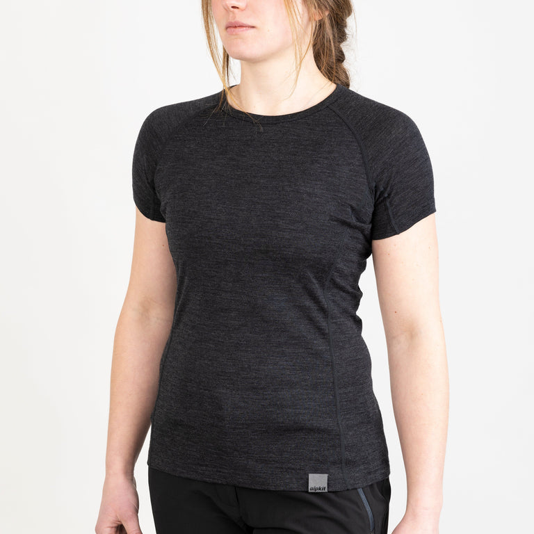 alpkit womens kepler merino short sleeve base layer in charcoal grey front|rg