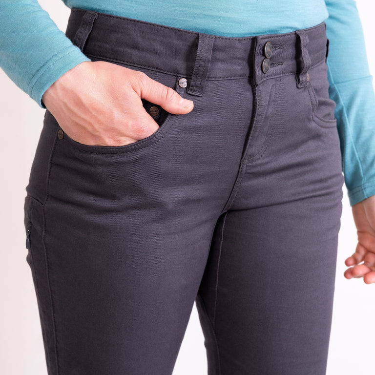 alpkit womens kraft trousers in outer tarmac grey waistband - closed