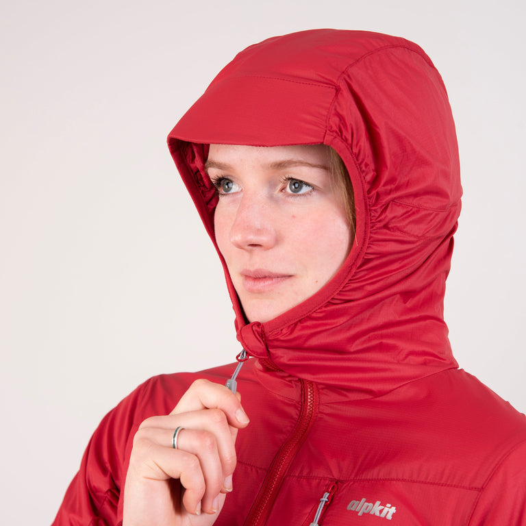 Alpkit women's Morphosis windproof jacket in Chilli red hood - closed