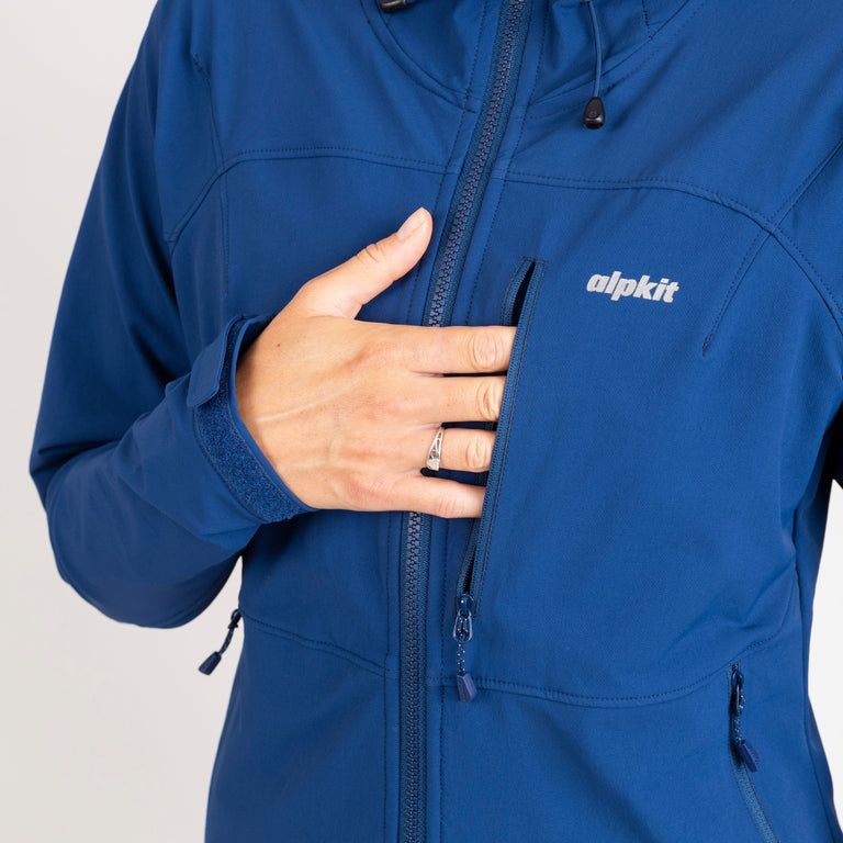 alpkit womens resolute softshell jacket in memo bluechest pocket