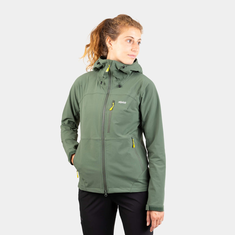 alpkit womens resolute softshell jacket in alder green