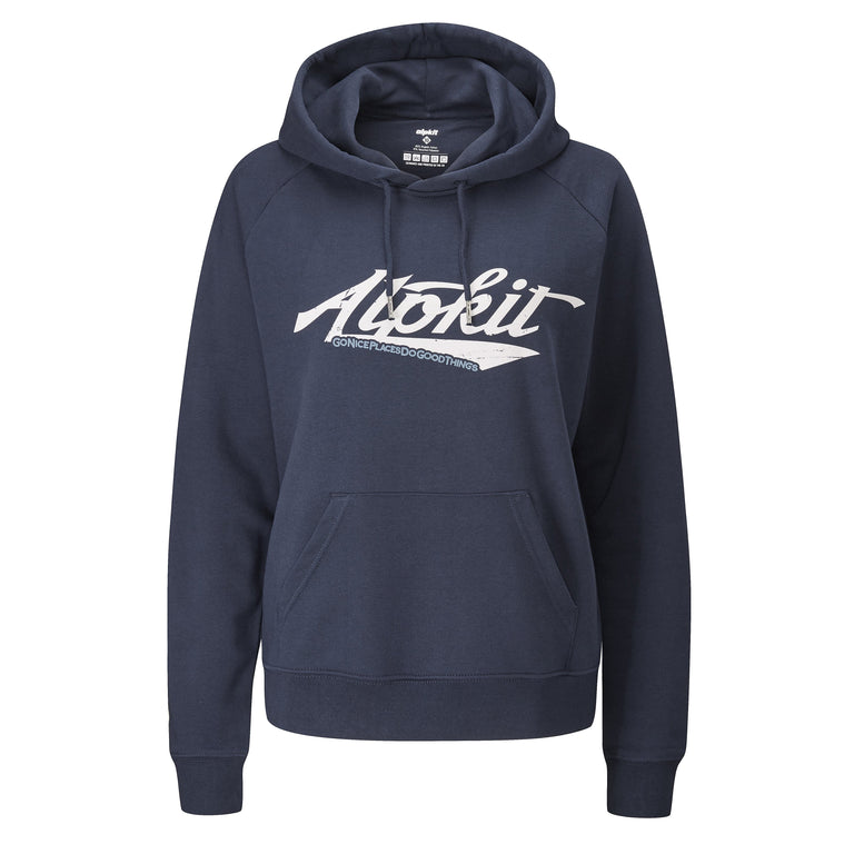 womens swoosh organic cotton hoody in navy - closed