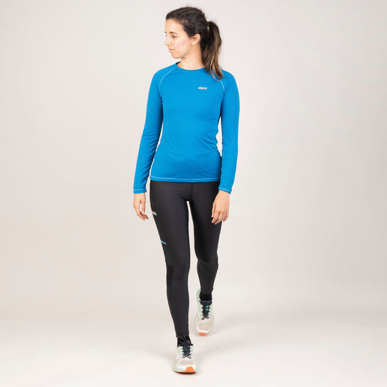 alpkit womens vayper long sleeve base layer for trail running and fell running in reef blue outfit