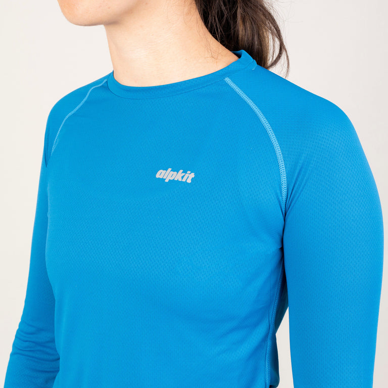 alpkit womens vayper long sleeve base layer for trail running and fell running in reef blue logo