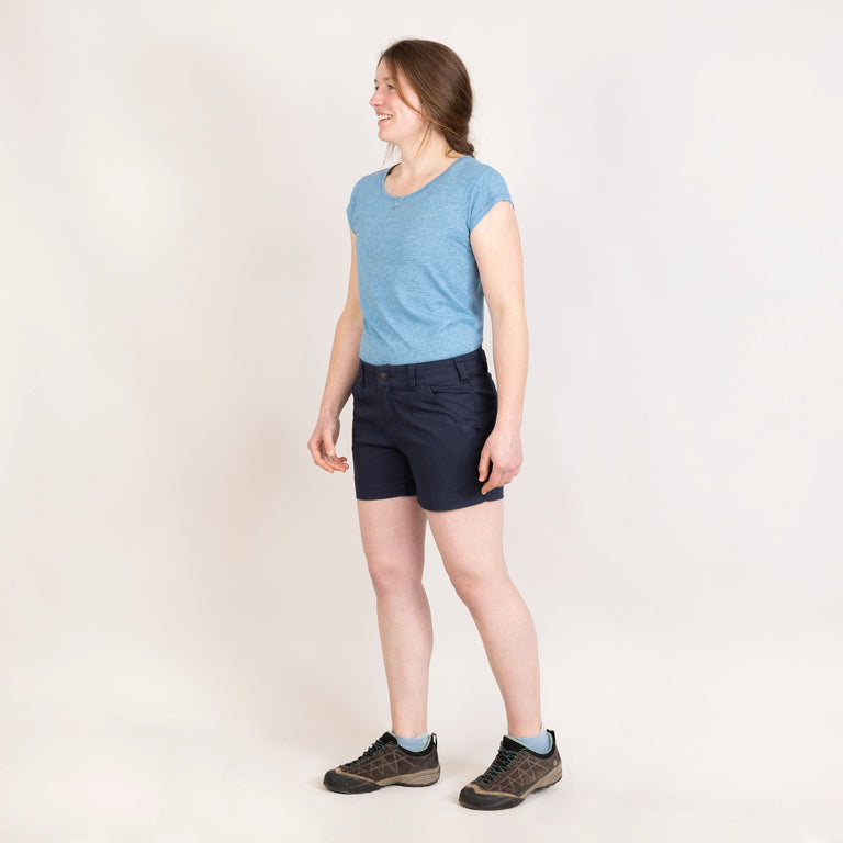 alpkit womens werk shorts in outer space blue outfit